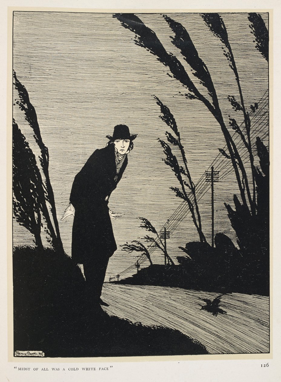 Černý a bílý. "Uprostřed všeho byla studená bílá tvář." Muž oblečený v černém; řada telegrafních sloupů. od Harry Clarke