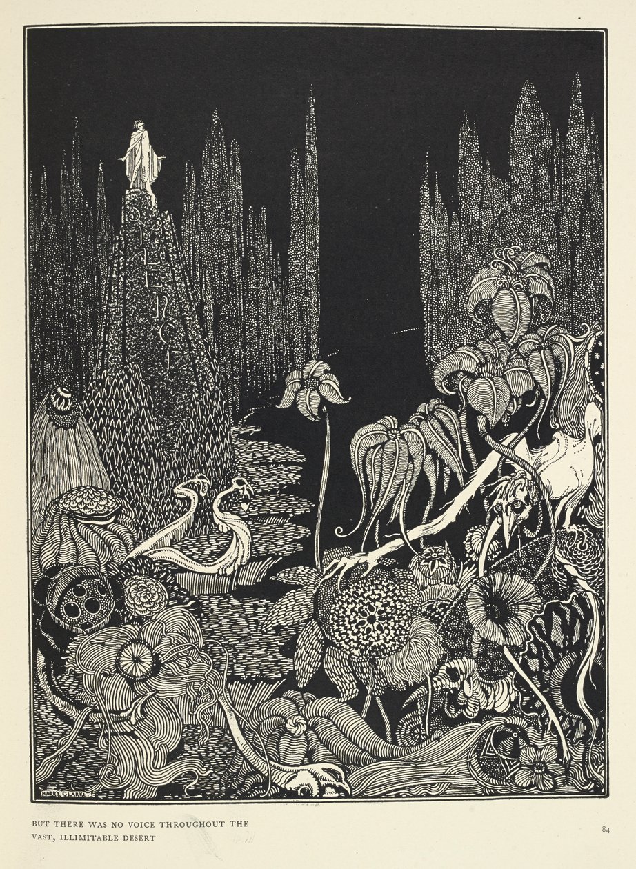 "Ale v rozlehlé neomezené poušti se neozval žádný hlas." Ilustrace k filmu „Ticho – bajka“. od Harry Clarke