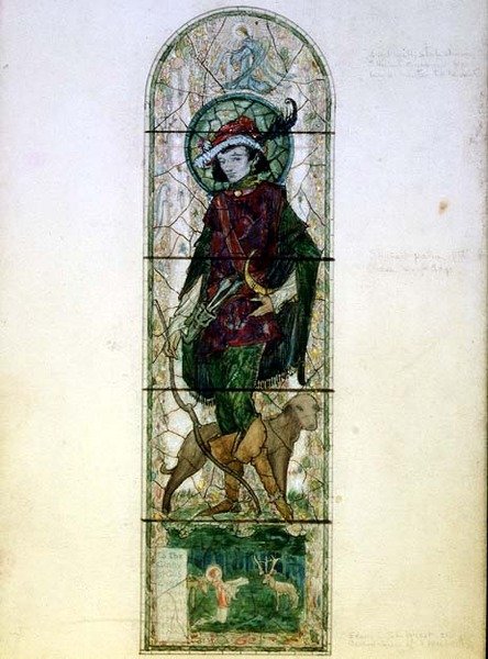 Design pro jednosvětelné okno s postavou sv. Huberta od Harry Clarke