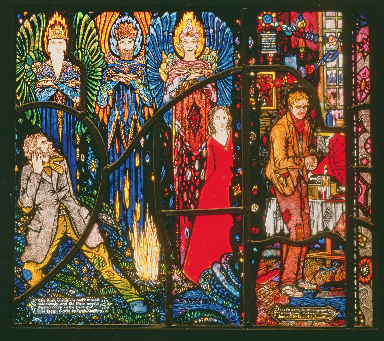 Detail z ženevského okna zobrazující Demi Gods od Jamese Stephense a Juno and the Paycock od Seana OCaseyho, 1929 od Harry Clarke