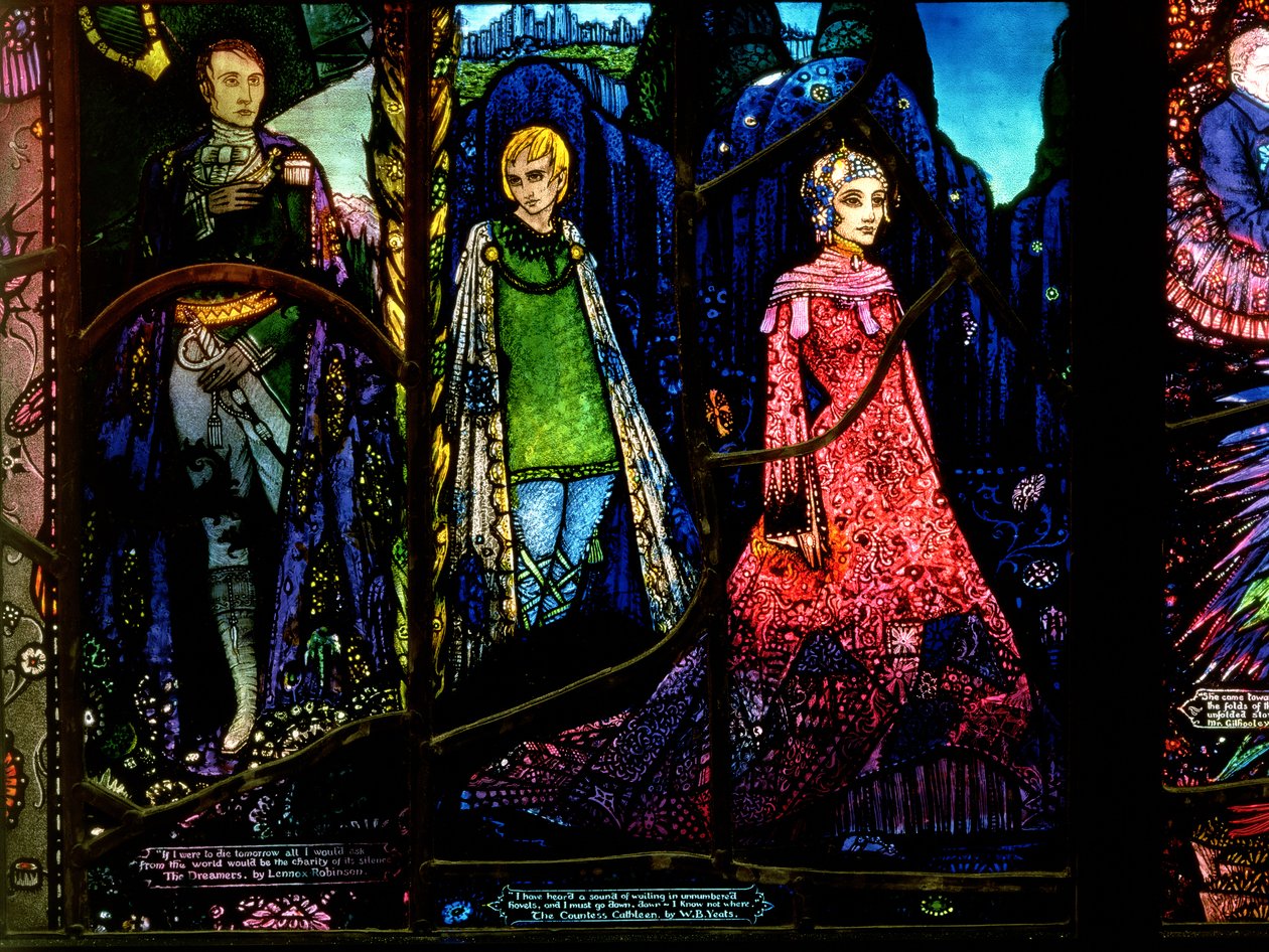 Detail z ženevského okna zobrazující The Dreamers od Lennoxe Robinsona (1886-1958) a Countess Cathleen od W.B. Yeats (1865-1939) od Harry Clarke