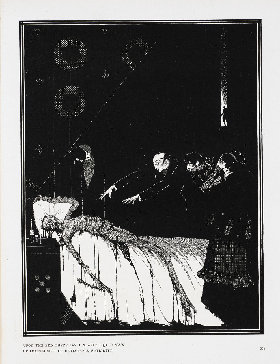 Z lůžka ležela téměř tekutá masa odporné - odporné hniloby." Ilustrace k příběhu „fakta v případě M. Valdemara“. od Harry Clarke