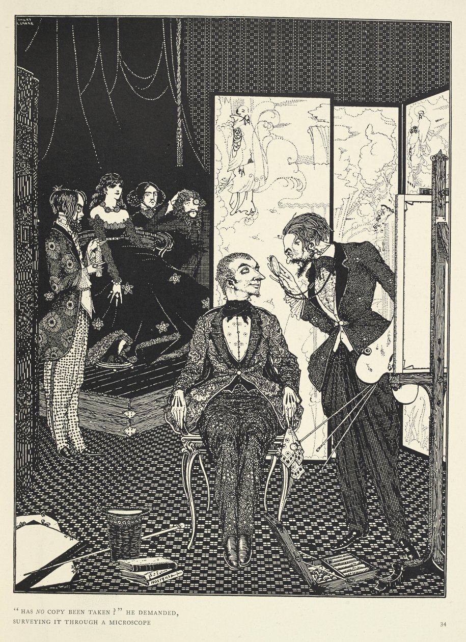 "Eikö kopiota ole otettu?" hän kysyi tutkien sitä mikroskoopilla. Kuvitus tarinalle "Paholainen kellotapulissa". od Harry Clarke