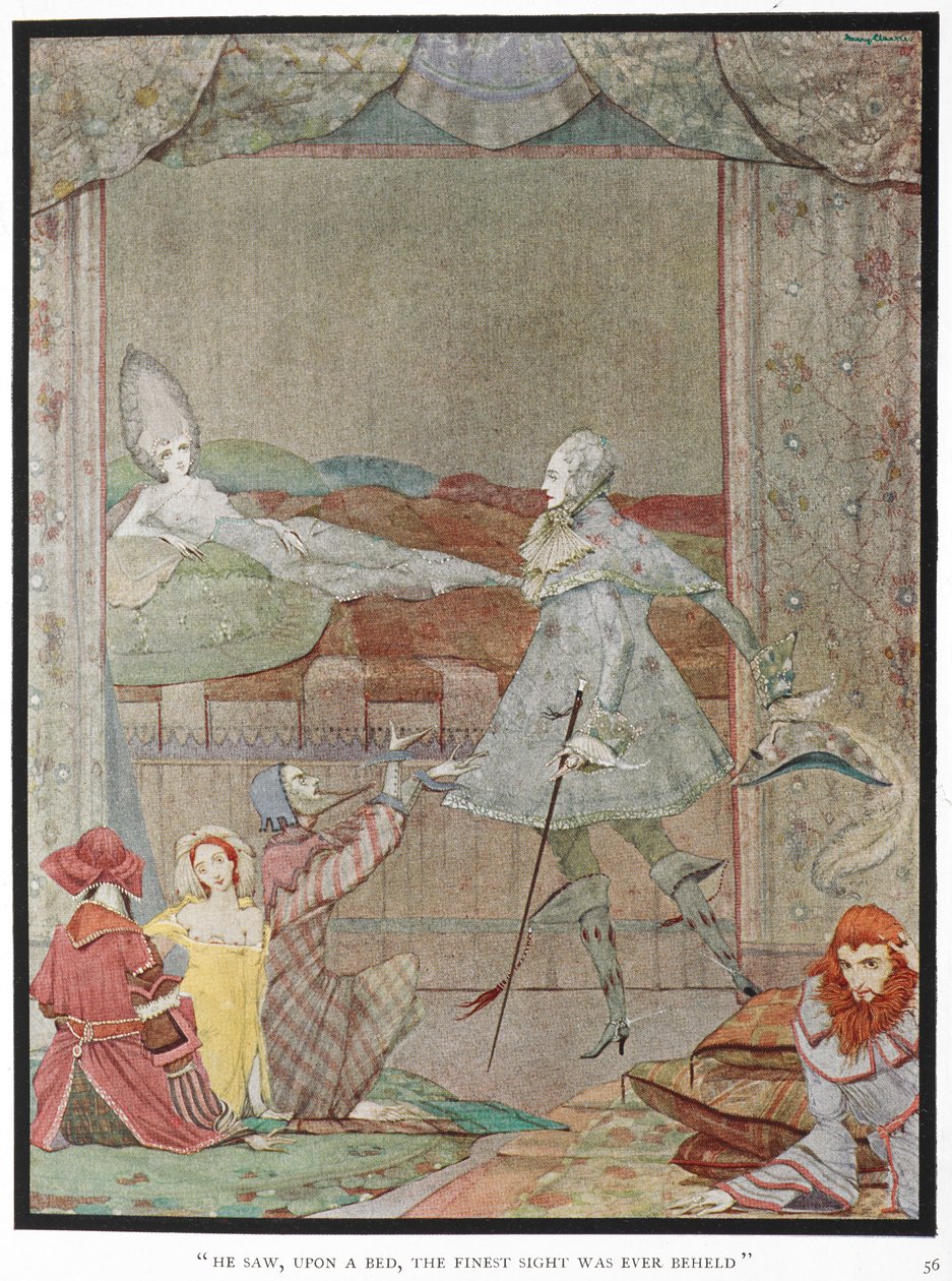 "Hän näki sängyllä hienoimman näkyn, joka oli koskaan nähty." Prinssi näkemässä prinsessan "Sleeping Beauty" hänen sängyssään. od Harry Clarke
