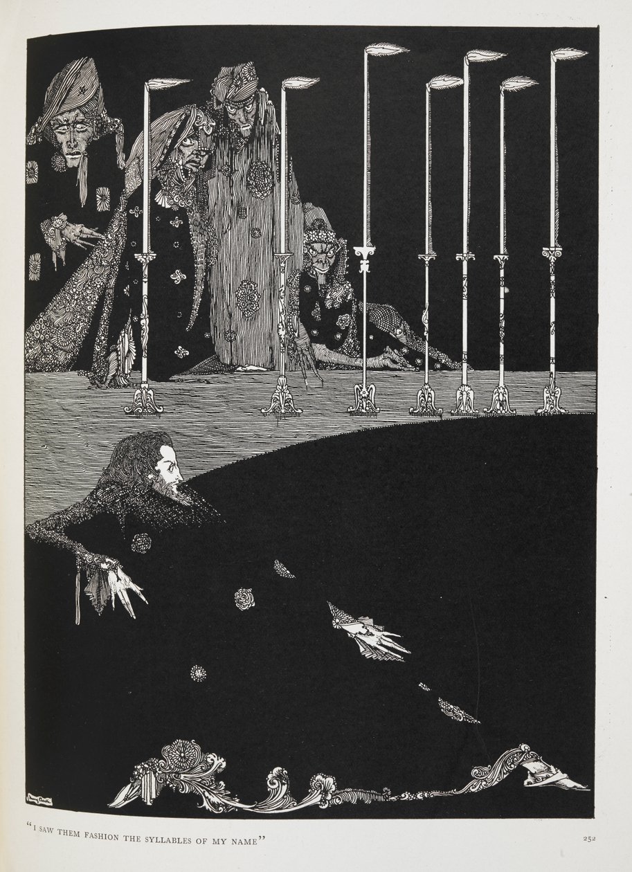 "Viděl jsem je, jak vytvářeli slabiky mého jména." Ilustrace k příběhu "jáma a kyvadlo". od Harry Clarke