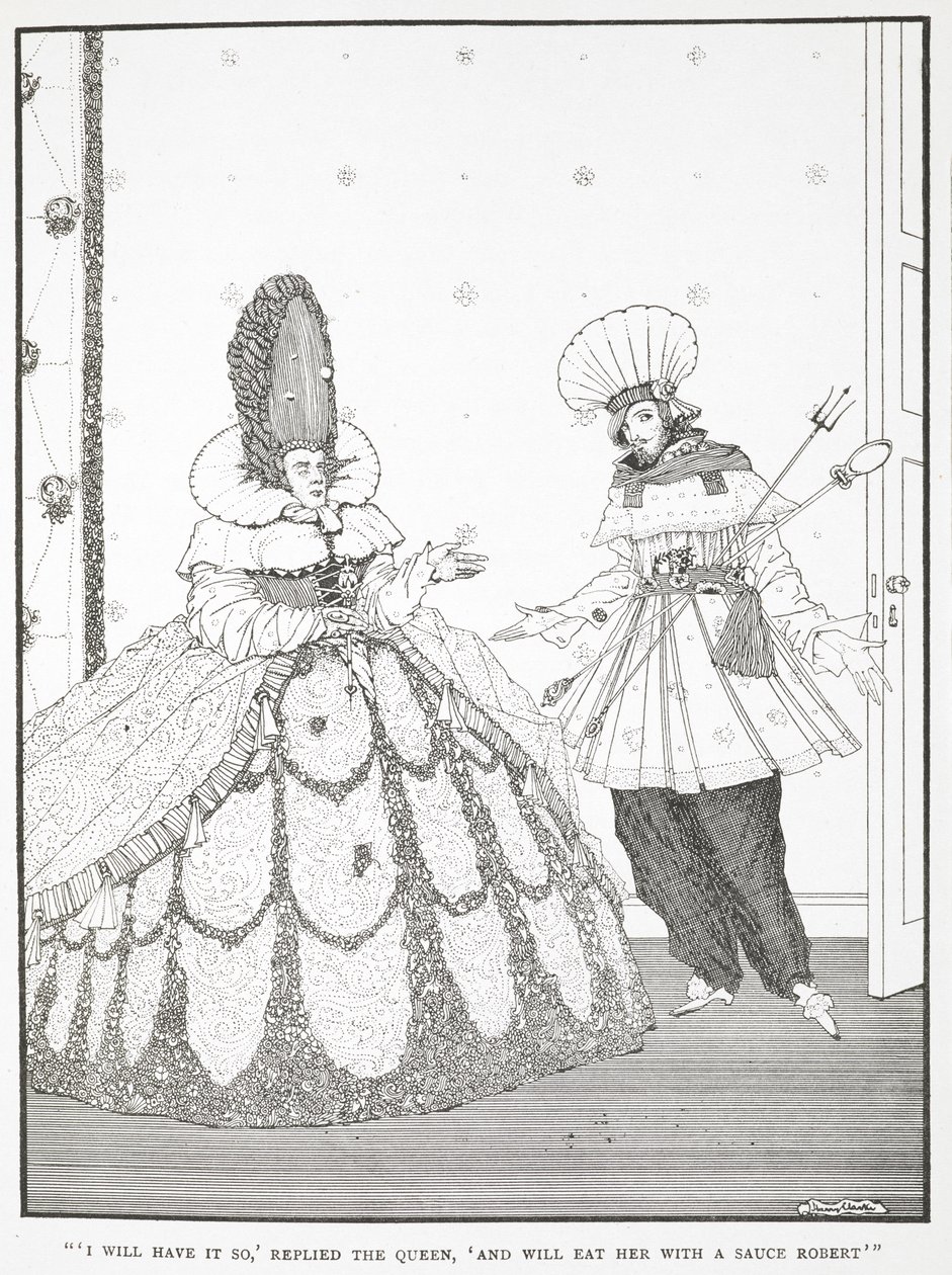 "Dám si to tak," odpověděla královna, "a sním ji s omáčkou Robert." Ilustrace k příběhu „spící kráska v lese“. od Harry Clarke