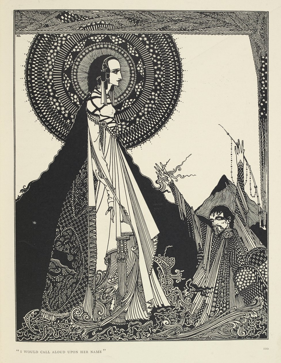 "Zavolal bych nahlas její jméno." Ilustrace Ligeia, povídka. „Ligeia“ je povídka od Edgara Allana Poea. Příběh sleduje nejmenovaného vypravěče a jeho manželku Ligeiu, krásnou a inteligentní ženu s havraními vlasy. Onemocní, složí „Th od Harry Clarke