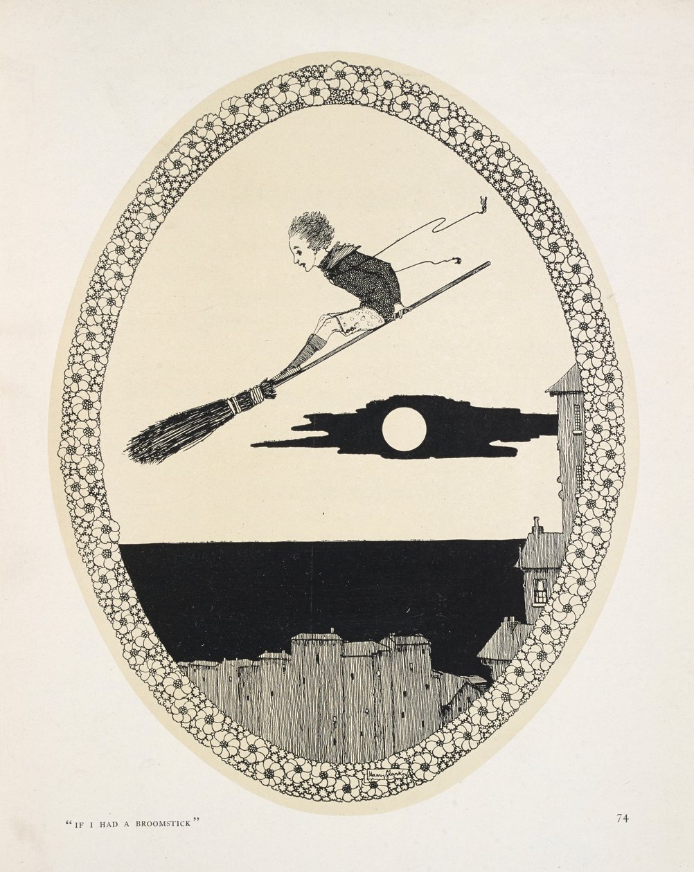"Kdybych měl koště." Ilustrace k básni Patricka R. Chalmerse. Chlapec na koštěti od Harry Clarke
