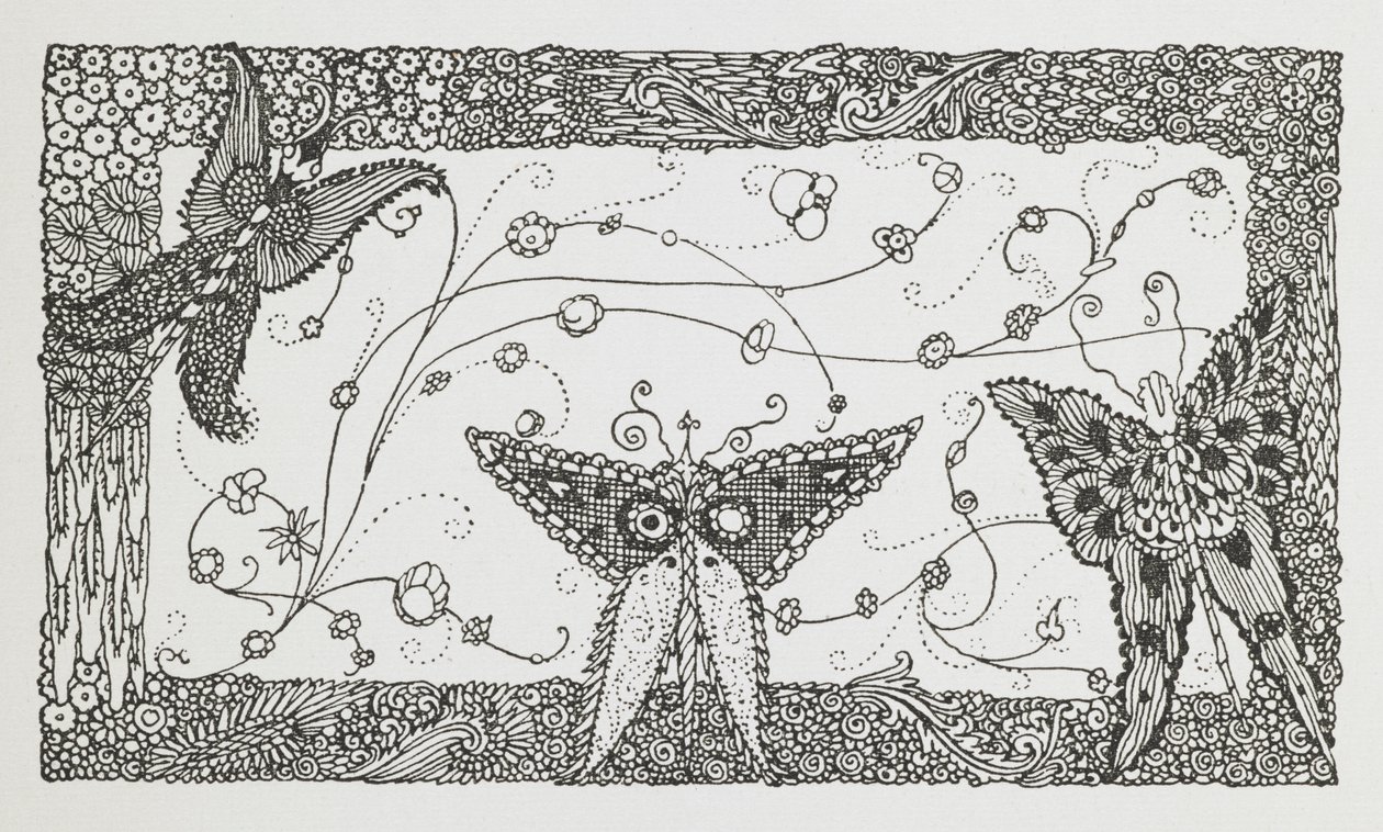 Ilustrace k příběhu Riquet s chomáčem. Motýlí design. od Harry Clarke