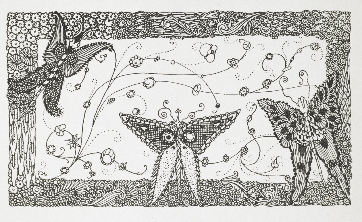 Ilustrace k příběhu „Mistr kočka nebo kocour v botách“. Motýlí design. od Harry Clarke