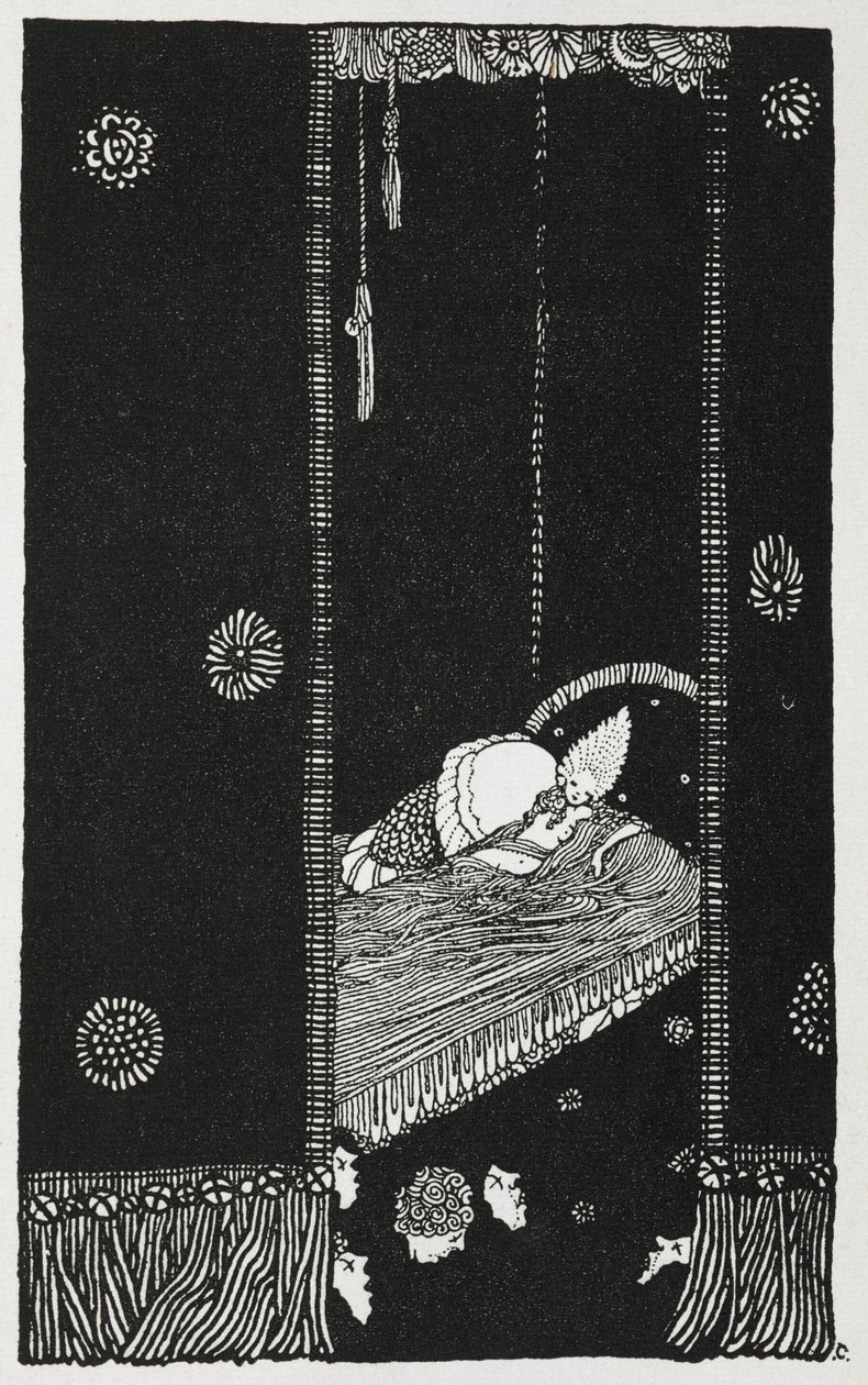 Ilustrace k příběhu „spící kráska v lese“. Šípková Růženka na posteli. od Harry Clarke