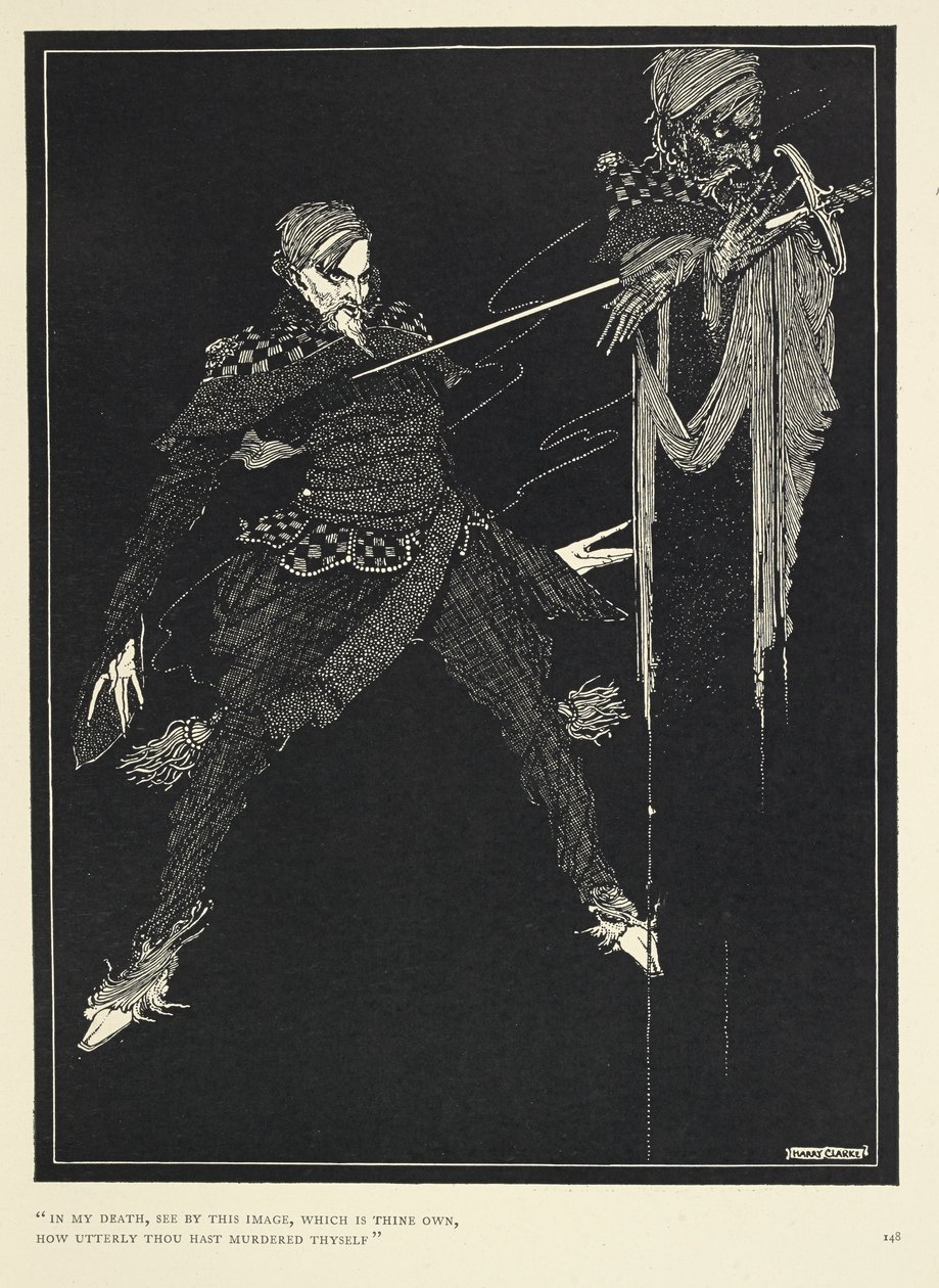 “V mé smrti, viz tento obraz, který je tvůj vlastní, jak naprosto thous zavraždil sebe.” Dvojník vypravěče, v “William Wilson,” Dar (1839). od Harry Clarke