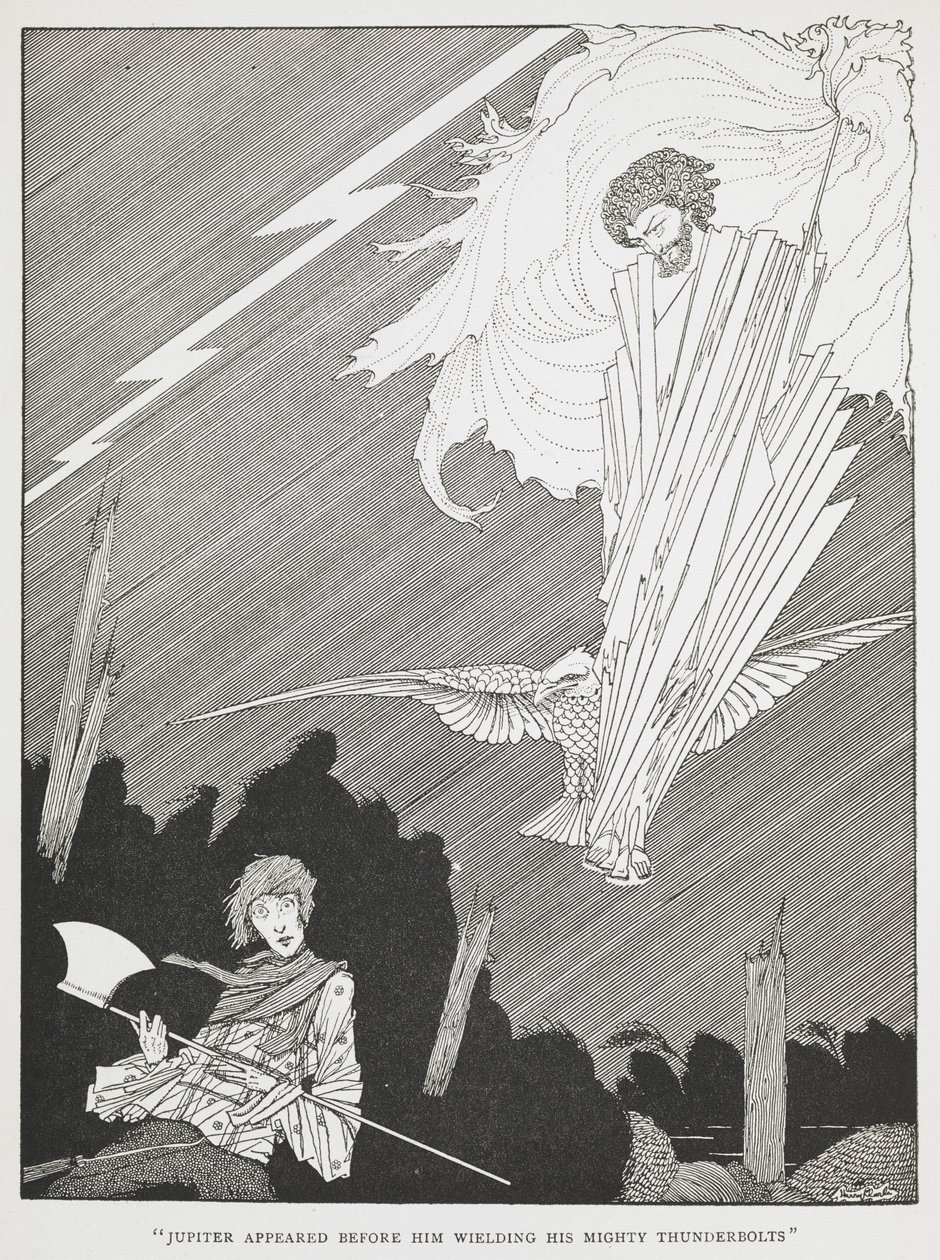 "Jupiter ilmestyi hänen eteensä heilutellen mahtavia salamuksiaan." Kuvitus "naurettavista toiveista". od Harry Clarke