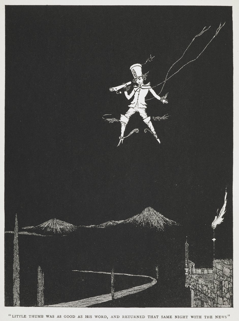 "Malý palec byl stejně dobrý jako jeho slovo a vrátil se tu noc se zprávou." Posel letící noční oblohou. Ilustrace k příběhu, "malý palec." od Harry Clarke