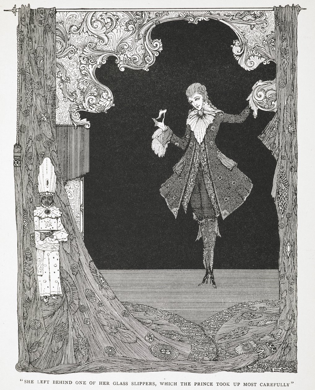 „Nechala po sobě jedny skleněné pantofle, které princ vzal nejopatrněji.“ Ilustrace k příběhu Popelka nebo Skleněný střevíček. od Harry Clarke