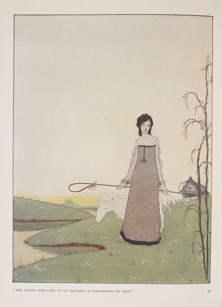"Chodí - paní mého potěšení - pastýřka ovcí." Ilustrace pro Pastýřku od Alice Meynell. od Harry Clarke