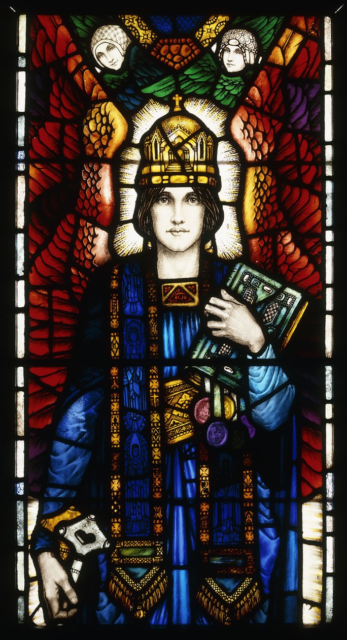 St. Peter“, vitrážový panel, zobrazující okřídleného mladého svatého Petra, který nosí mitru a drží symbolické klíče a knihu, s párem andělů, kolem roku 1910-13 od Harry Clarke