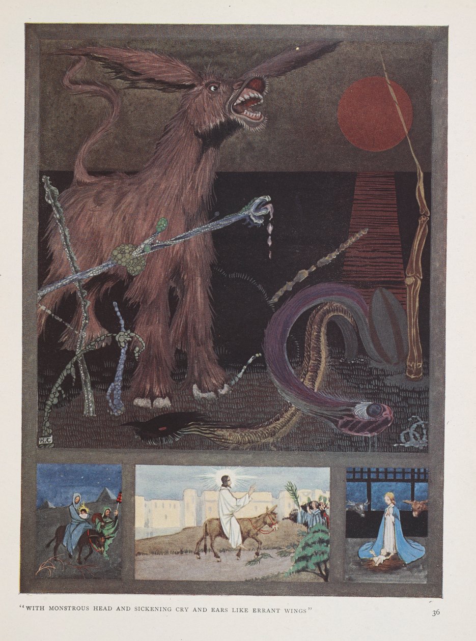 Osel. „S obludnou hlavou a odporným pláčem   a uši jako bludná křídla" od Harry Clarke