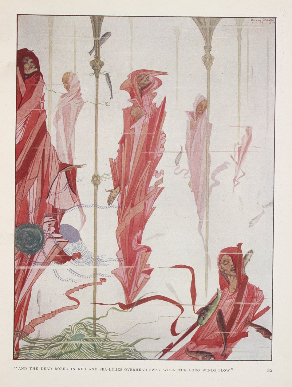 Umírající patriot. „A mrtví byli oděni do rudého a mořských lilií nad hlavou   houpat se, když foukají dlouhé větry" od Harry Clarke