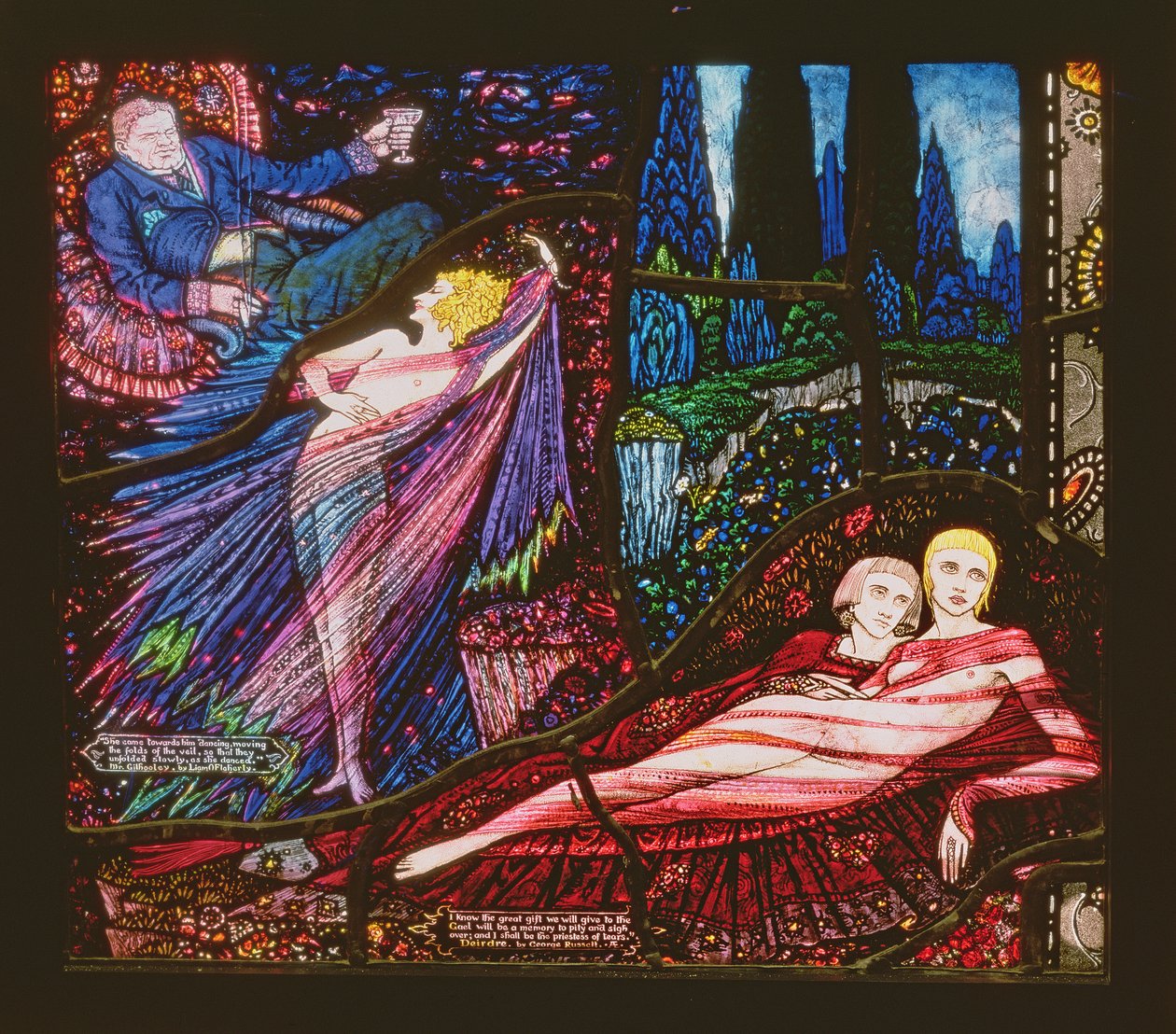 Ženevské okno zobrazující pana Gilhooleyho od Liama OFlahertyho a Deirdre od George Russella, 1929 od Harry Clarke