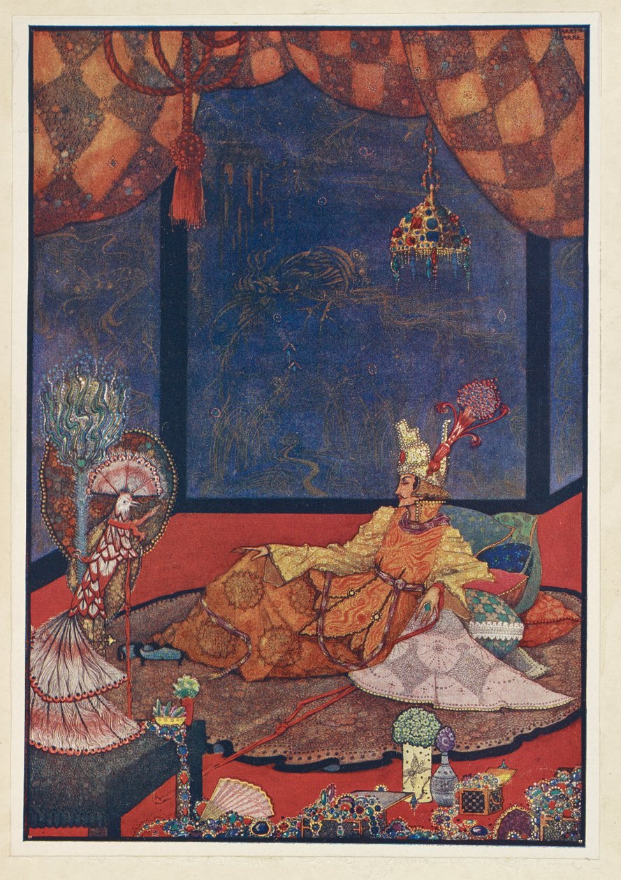Slavík. Umělý pták měl své místo na hedvábném polštáři blízko imperátorovy postele. od Harry Clarke