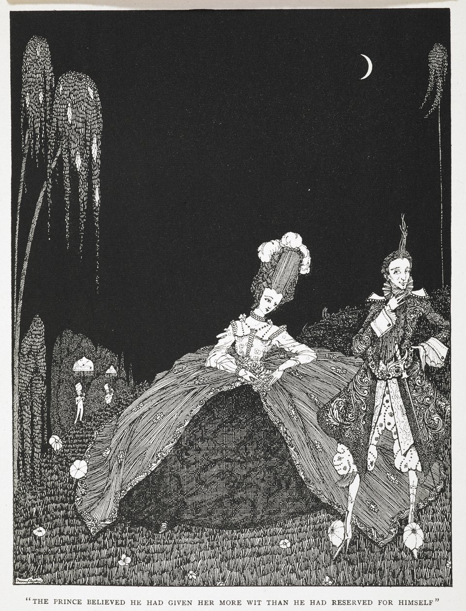 "Princ věřil, že jí dal víc důvtipu, než si ponechal pro sebe." Ilustrace k příběhu „Riquet s chomáčem“. od Harry Clarke