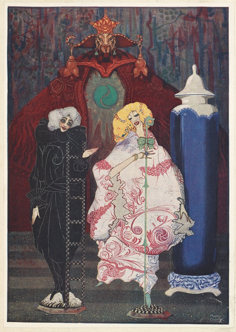 Pastýřka a kominík. "Máš opravdu odvahu jít se mnou do širého světa?" zeptal se kominík. od Harry Clarke