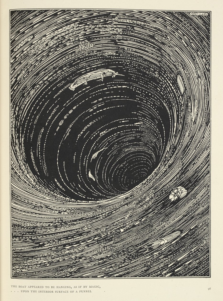 "Zdálo se, že loď visí... na vnitřním povrchu trychtýře obrovského po obvodu." Ilustrace k příběhu „Sestup do Maelstromu“. od Harry Clarke