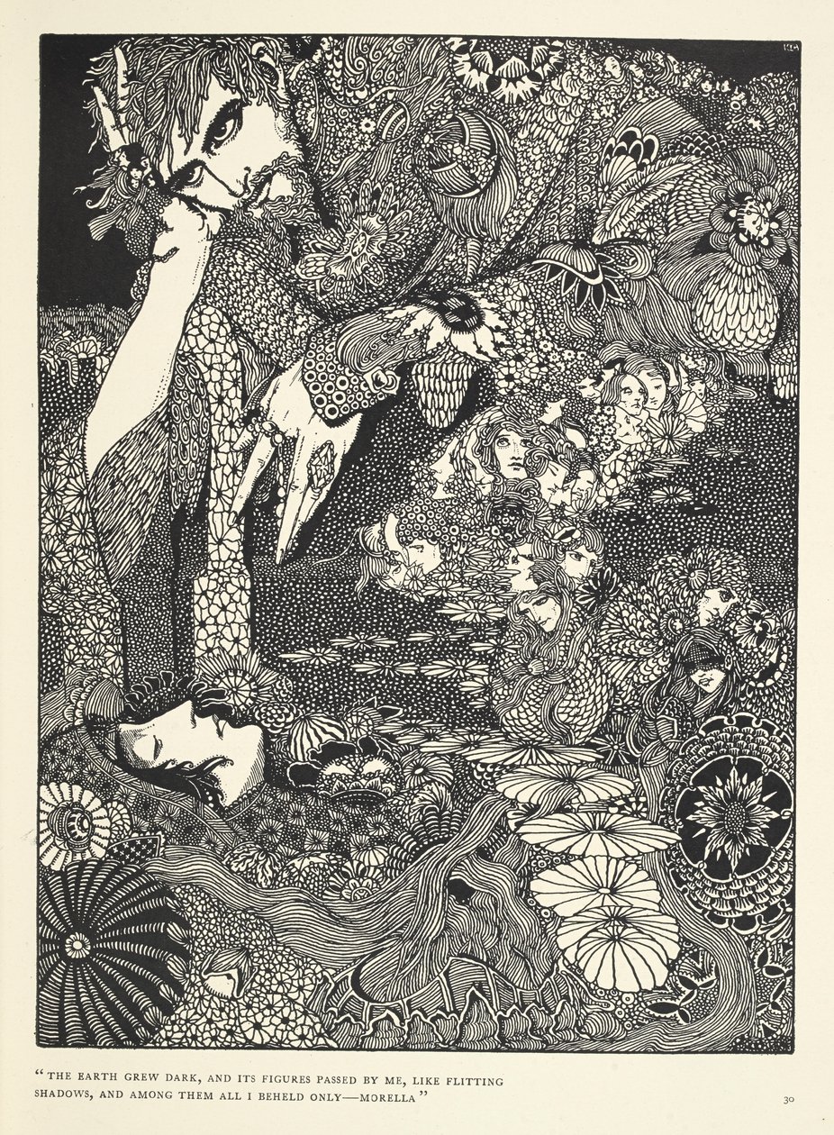 „Země potemněla a její postavy procházely kolem mě jako mihotavé stíny... Morella.“ Ilustrace k příběhu „Morella“. od Harry Clarke