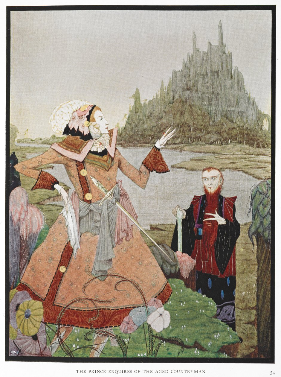 "Ptá se princ starého venkovana." Ilustrace k příběhu „spící kráska“. od Harry Clarke