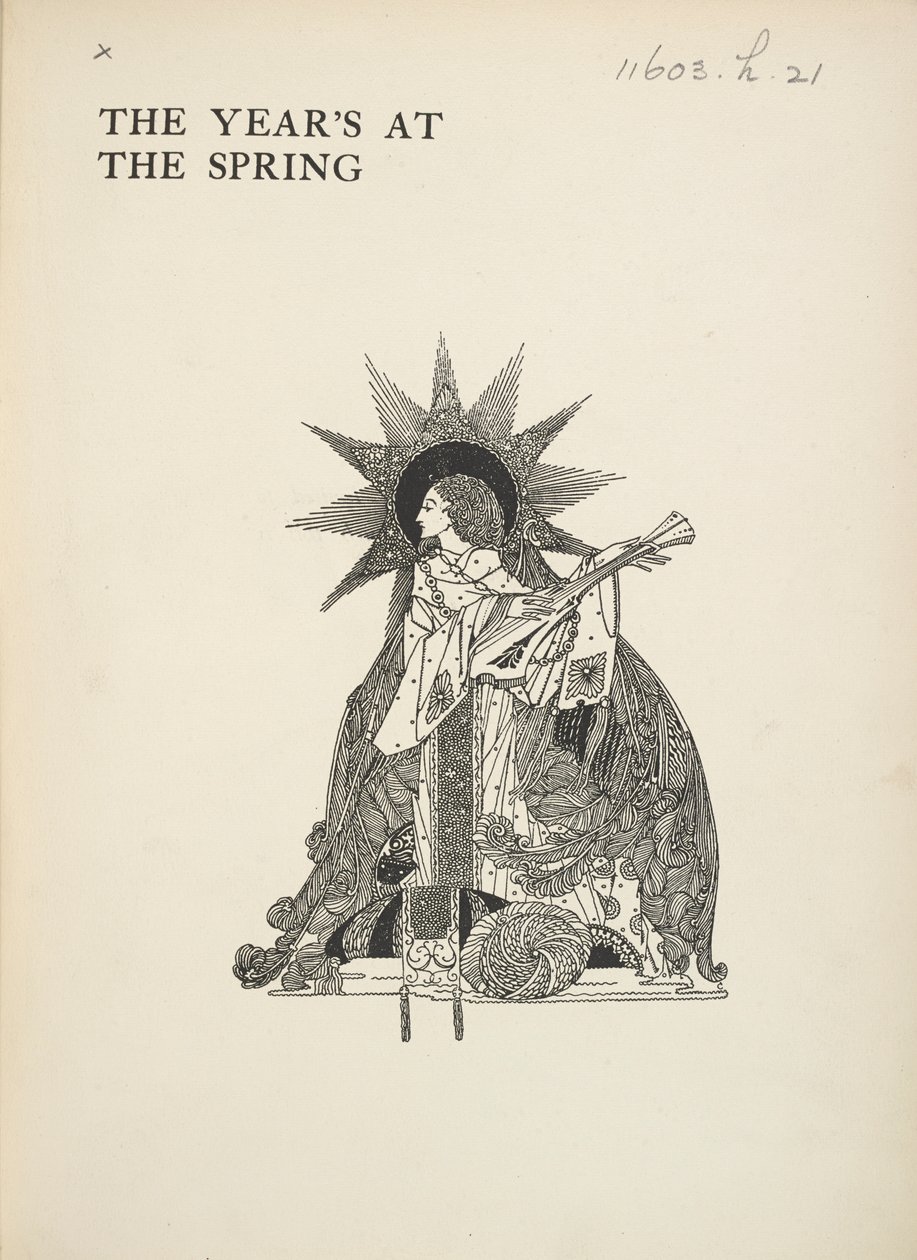 Ilustrace bez názvu. Žena hrající na hudební nástroj. od Harry Clarke