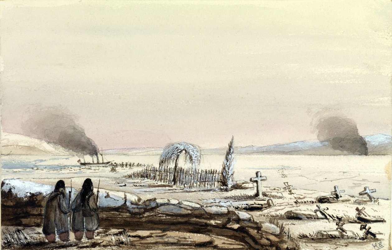 Hřbitov v Kinburnu (Ukrajina, Rusko) 1855. Loď HMS Tribune brázdí zamrzlé vody Dněpru. Obraz viceadmirála Harryho Edmunda Edgella (1809-1876), akvarel 1855. od Harry Edmond Edgell