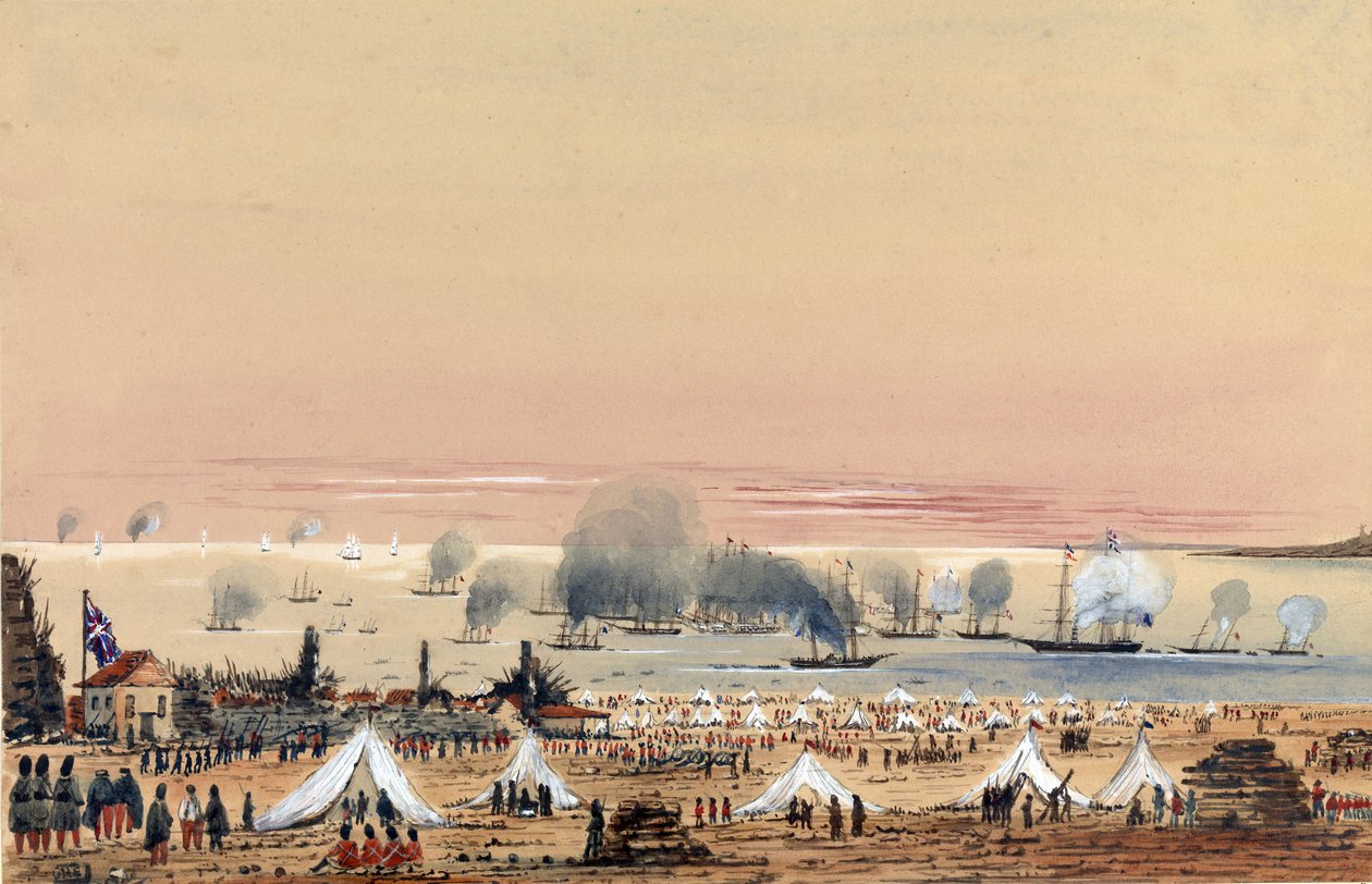 Vylodění u Kinburnu (Ukrajina, Rusko) v říjnu 1855, tábor britské armády na pobřeží, flotila kotvící na moři včetně HMS Tribune. od Harry Edmond Edgell