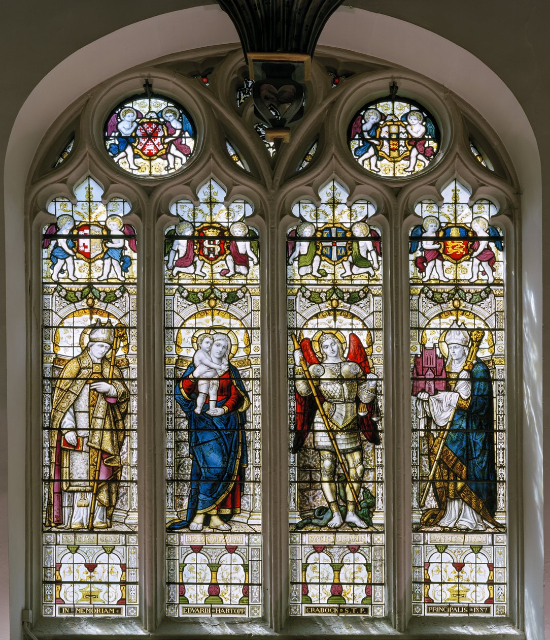 Oxford, Brasenose College Chapel, James Powell & Sons, Harry Ellis Wooldridge, St Cedda, Madonna & Chils, St Michael, St Hugh od Harry Ellis Wooldridge