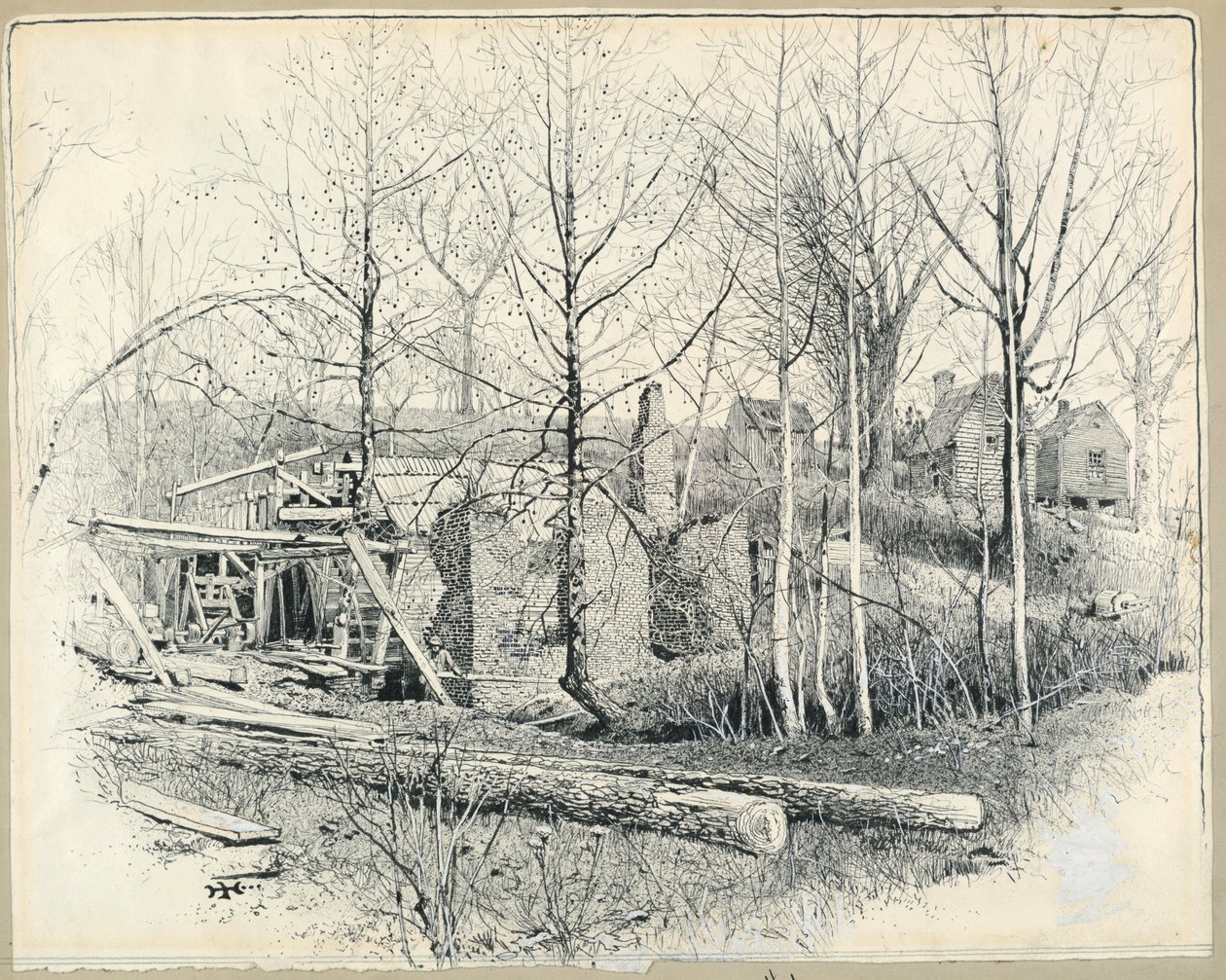 Kresba, Současná podoba Gainesova mlýna, pohled na východ, 1885 od Harry Fenn