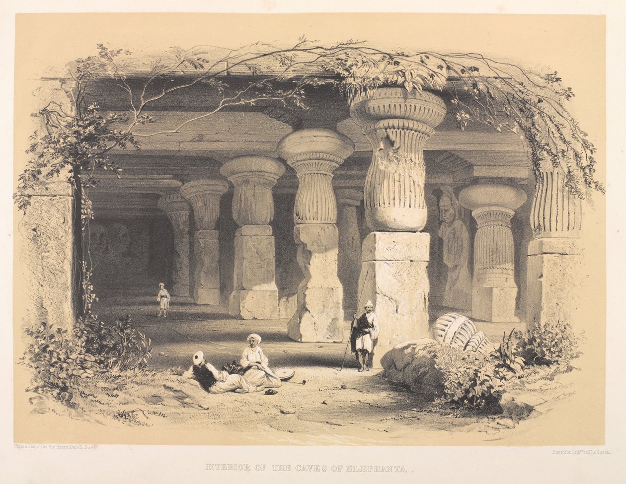 Interiér jeskyní Elephanta (barevná litografie) od Harry Francis Darell
