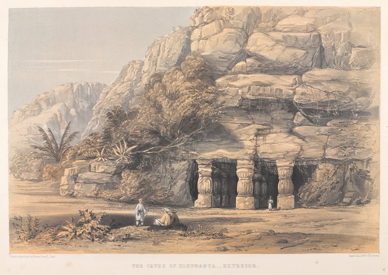 The Caves of Elephanta, Exteriér (barevná litografie) od Harry Francis Darell