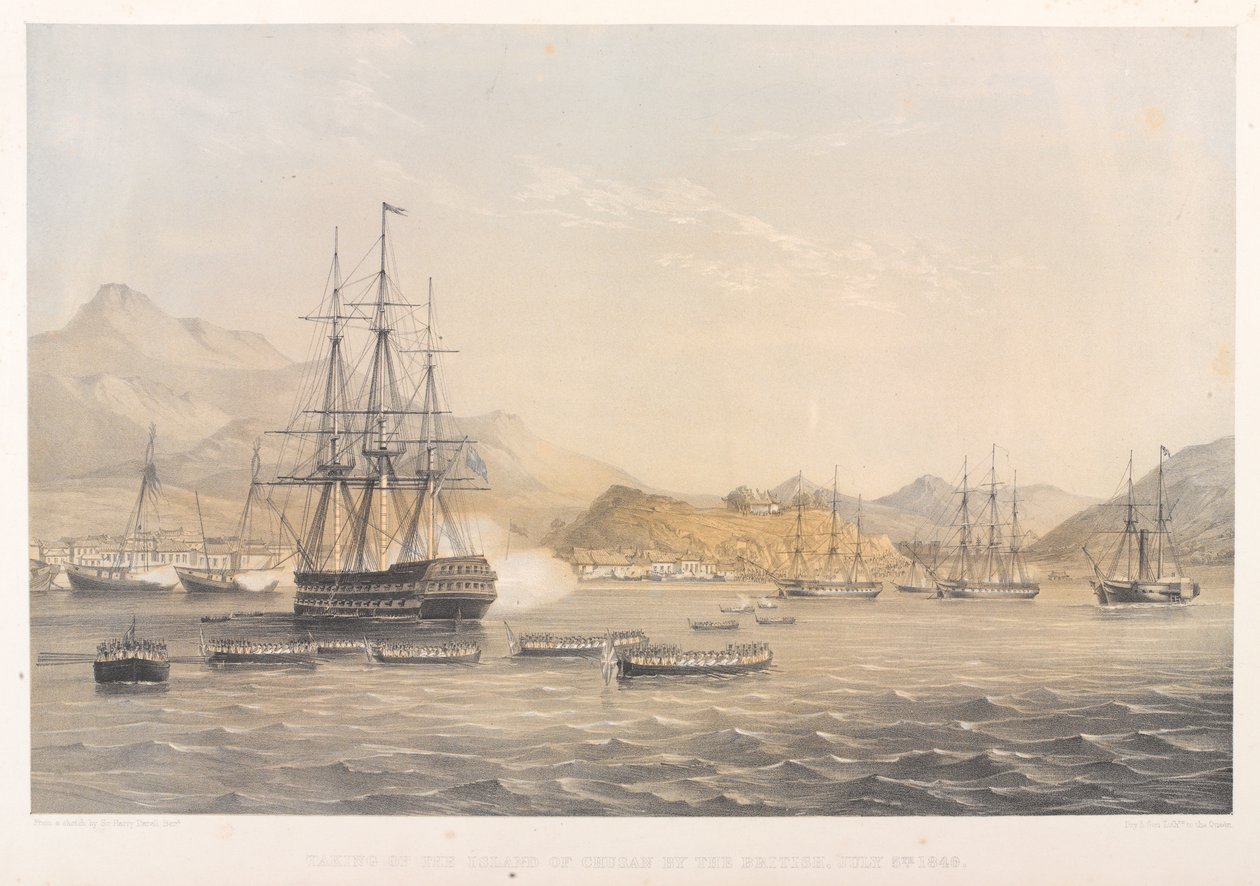 Dobytí ostrova Chusan Brity, 5. července 1840 (barevná litografie) od Harry Francis Darell