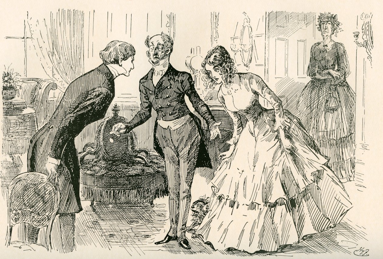 David se setkává s Dorou a slečnou Murdstoneovou. „Pan Copperfield, moje dcera Dora a důvěrná přítelkyně mé dcery Dory, slečna Murdstoneová!“. Ilustrace Harryho Furnisse k románu Charlese Dickense David Copperfield, z edice Testimonial, vydané 19. od Harry Furniss