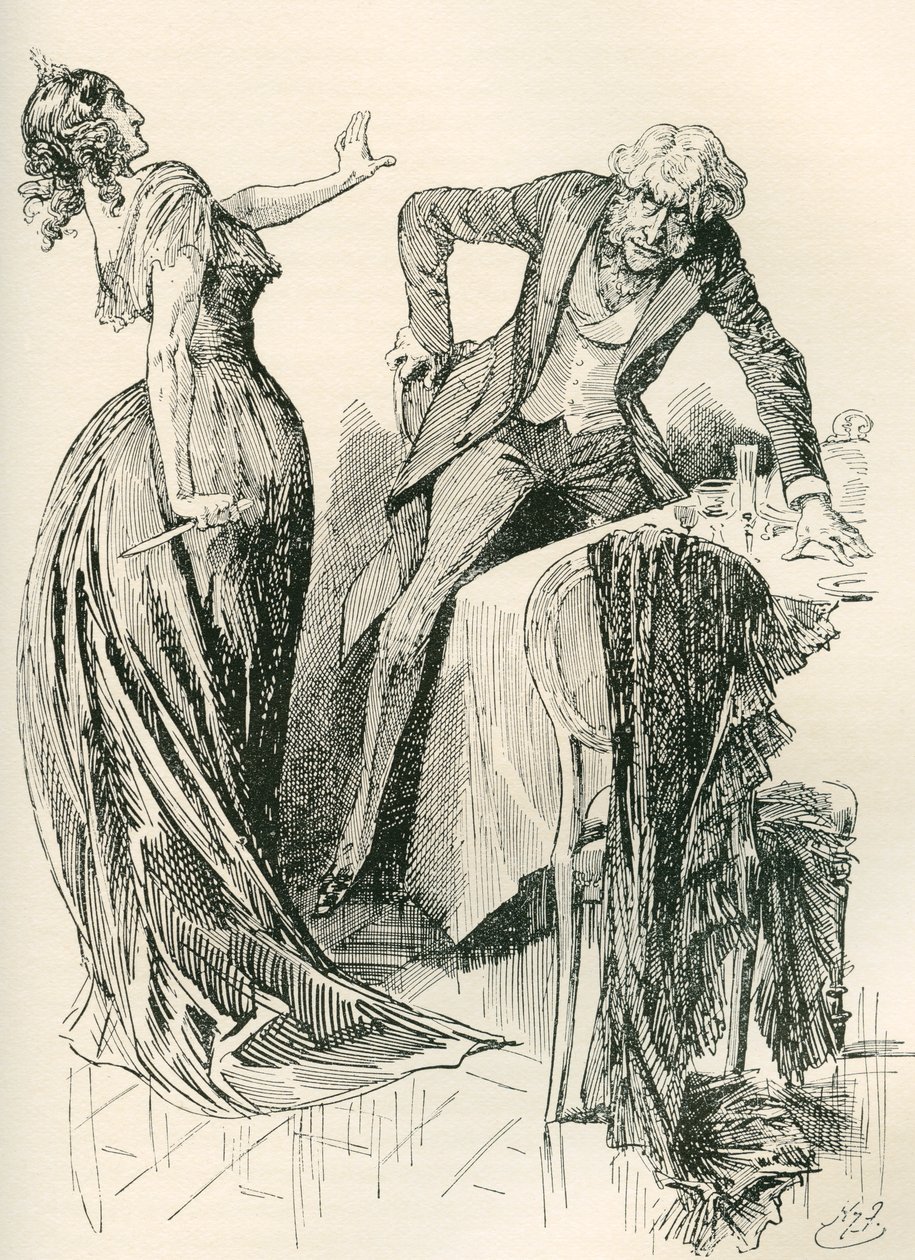 Edith a pan Carker. "Blížil se vesele k ní, když v mžiku zvedla nůž ze stolu a vydala se o krok zpět. "Zůstaň stát," řekla, "nebo tě zabiju!" Ilustrace Harry Furniss pro román Charlese Dickense od Harry Furniss