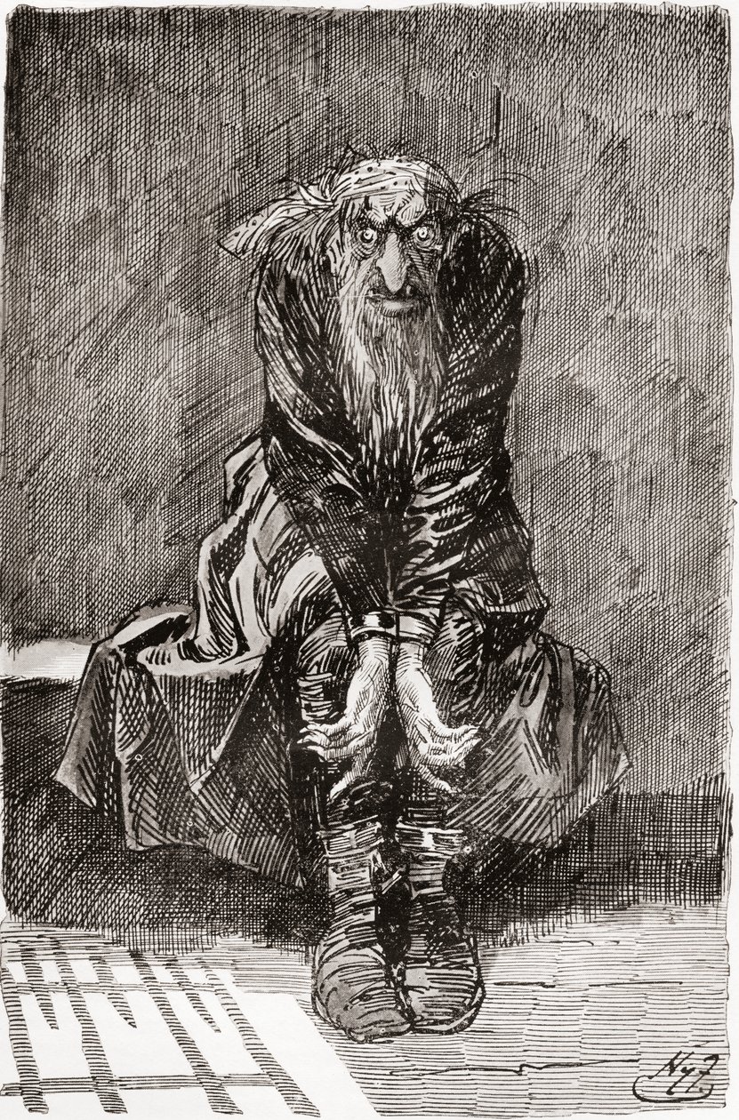 Fagin v Odsouzené cele. "Posadil se na kamennou lavici naproti dveřím, které sloužily jako sedadlo a postel, a vrhal své krví podlité oči na zem, snažil se shromáždit své myšlenky." Ilustrace Harry Furniss k románu Charlese Dickense od Harry Furniss