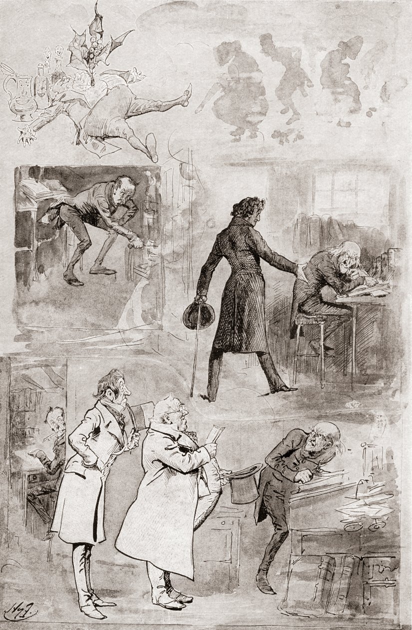 Ilustrace pro Vánoční koledu z vánočních knih od Charlese Dickense od Harry Furniss