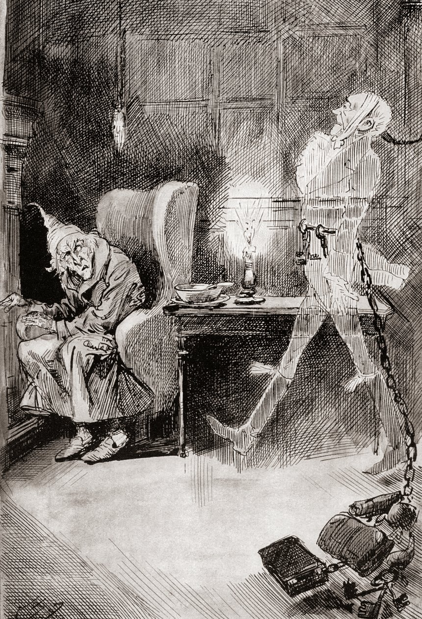 Ilustrace pro Vánoční koledu z vánočních knih od Charlese Dickense od Harry Furniss
