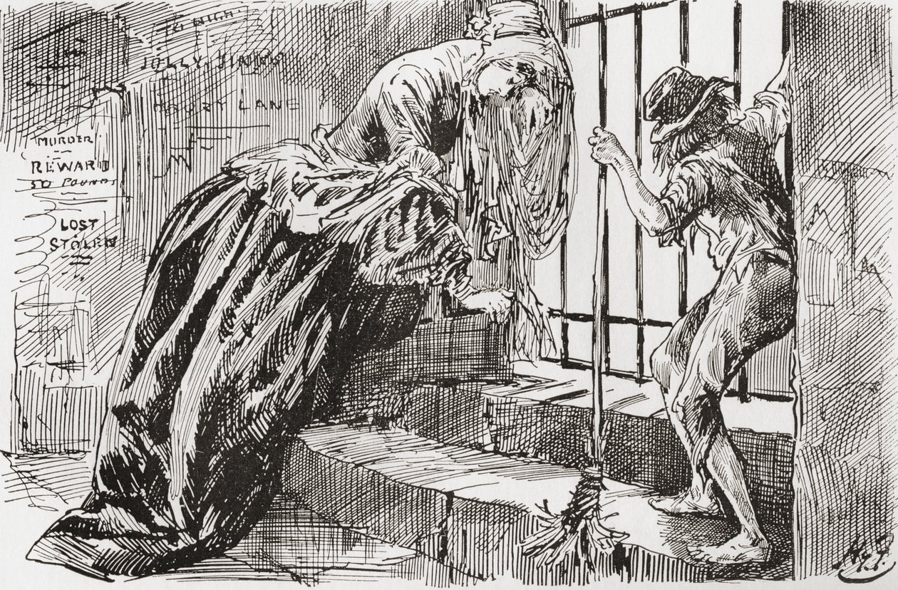Lady Dedlocková a Jo. "Byl tam umístěn," říká Jo, drží se mříží a dívá se dovnitř, zatímco lady Dedlocková se stáhne do kouta. Ilustrace Harryho Furnisse k románu Charlese Dickense Bleak House, z The Testimonial Edition, vydaném v roce 1910. od Harry Furniss
