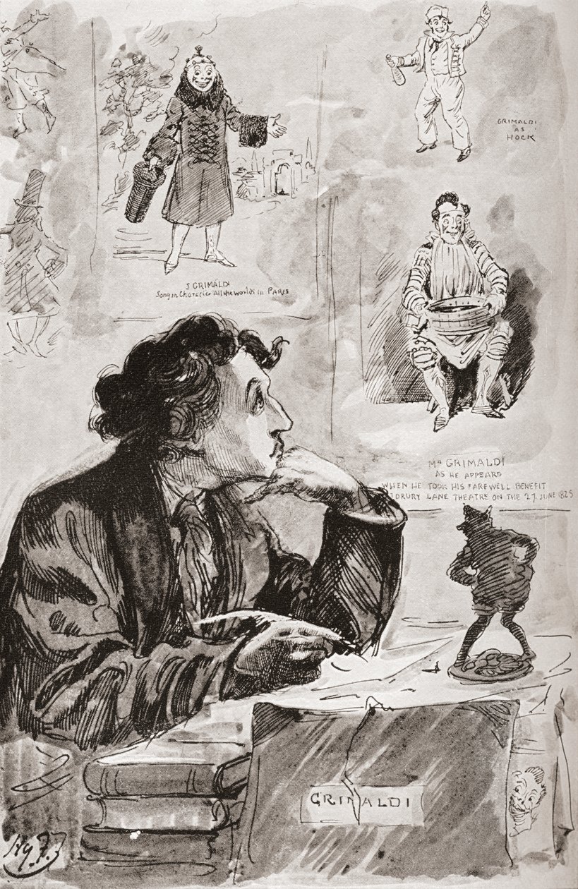 Vzpomínky na Grimaldiho. Ilustrace Harryho Furnisse k románu Charlese Dickense Memoirs of Joseph Grimaldi z The Testimonial Edition vydaného v roce 1910. od Harry Furniss