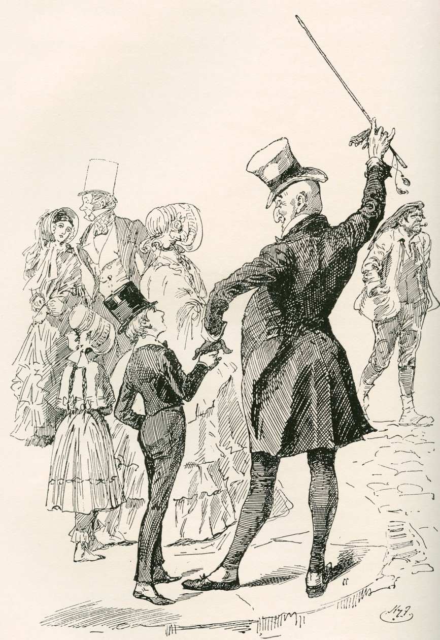 Pan Micawber vezme Davida domů. "Společně jsme šli k našemu domu a pan Micawber na mě zapůsobil názvy ulic a tvary rohových domů." Ilustrace Harryho Furnisse k románu Charlese Dickense David Copperfield, od od Harry Furniss
