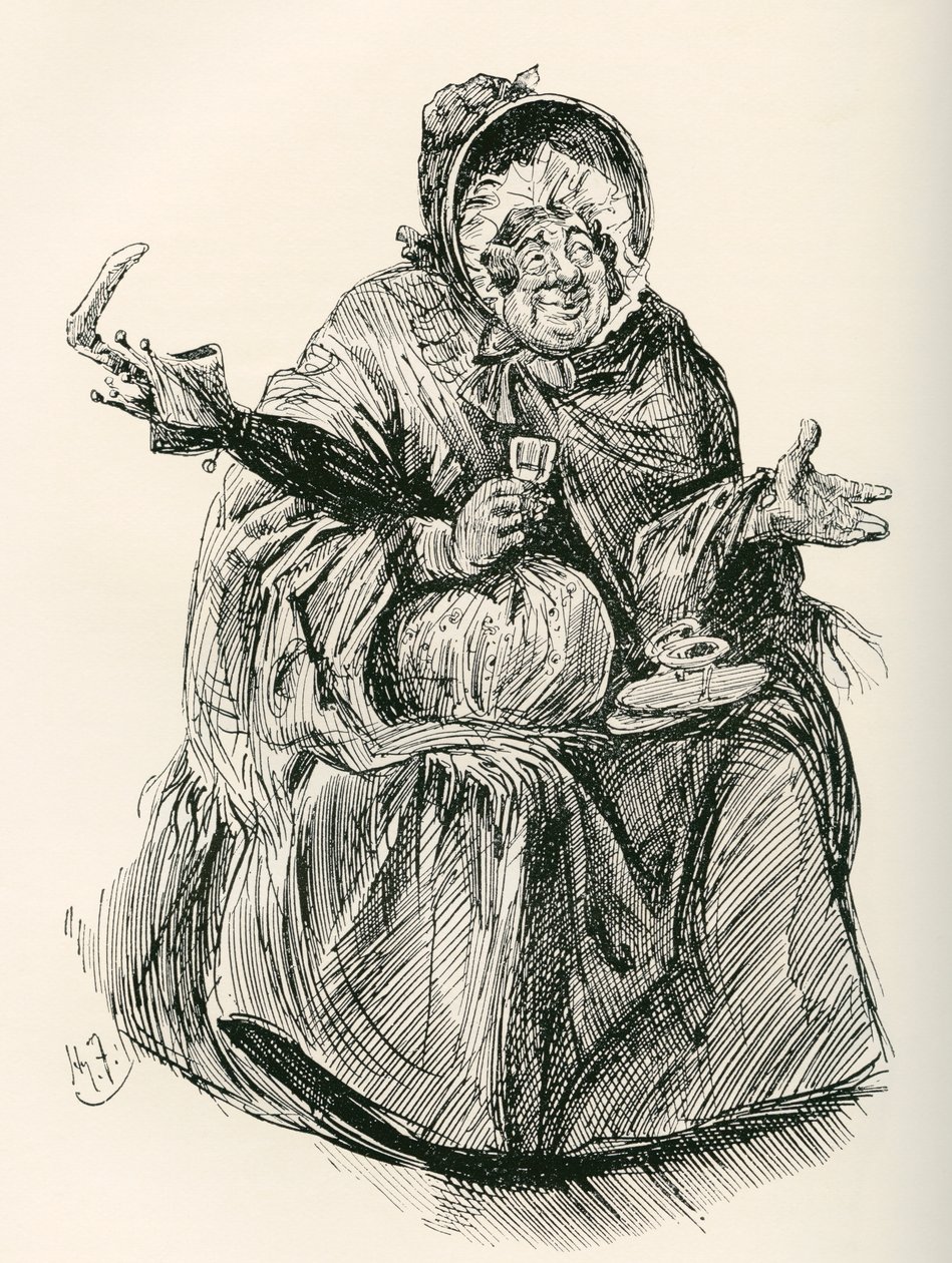 paní Gampová. Ilustrace Harryho Furnisse k románu Charlese Dickense Martin Chuzzlewit z The Testimonial Edition, vydaného v roce 1910. od Harry Furniss