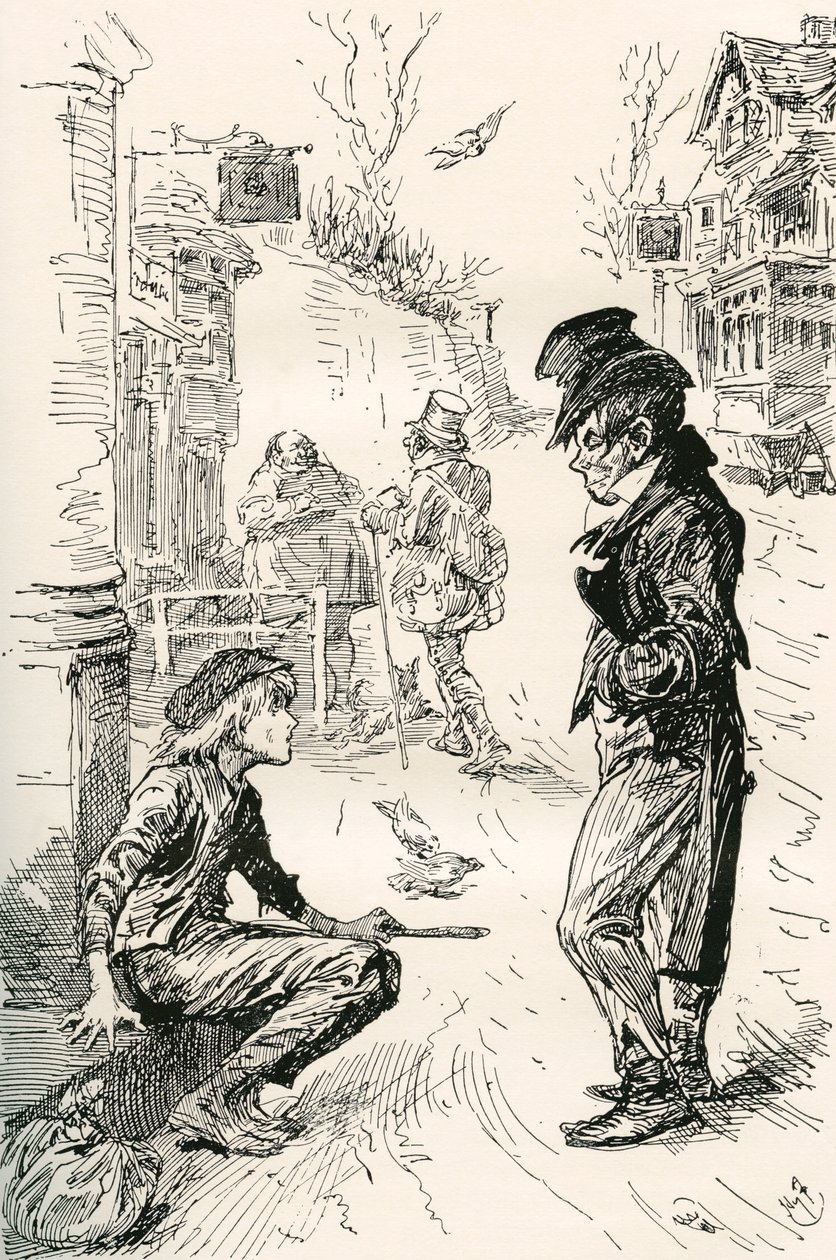 Oliver zapadá do The Artful Dodger. "Haló, můj covey, co je to za hádku?" řekl tento podivný mladý pán Oliverovi. "Jsem velmi hladový a unavený," odpověděl Oliver; slzy v jeho očích, když mluvil. "Ušel jsem dlouhou cestu. Šel jsem pěšky." od Harry Furniss