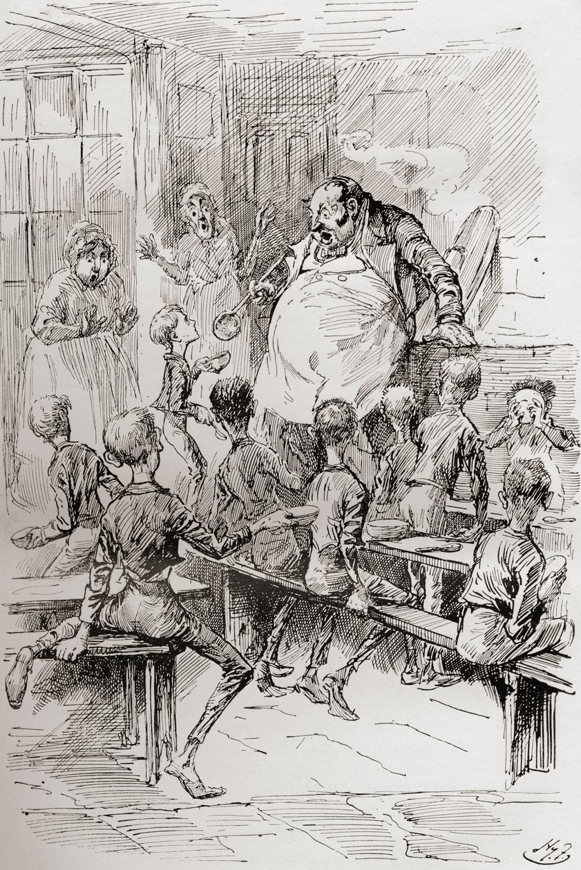 Hladovění v Workhouse. "Prosím, pane, chci ještě." "Mistr několik vteřin hleděl v ohromeném úžasu na malého rebela a přitiskl se k mědi. Asistenti byli paralyzováni úžasem, chlapci strachem." Ilustrace b od Harry Furniss
