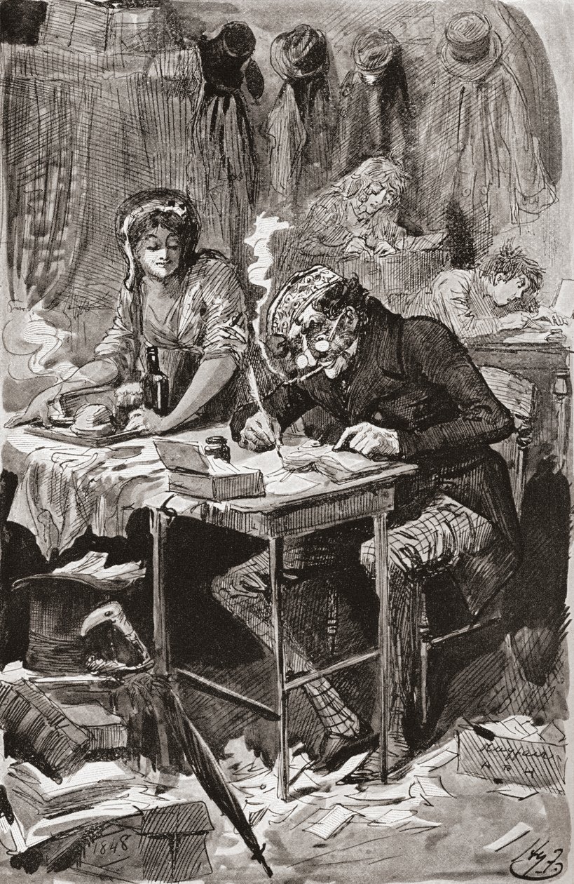 Spisovatel prosebných dopisů. Ilustrace Harryho Furnisse k románu Charlese Dickense Great Expectations, z The Testimonial Edition vydaného v roce 1910. od Harry Furniss